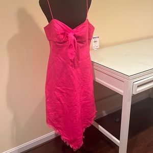 Pink linen dress, bow detailed bustline, triangle hemline